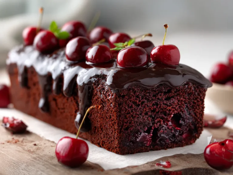 Moist chocolate cherry cake with fudgy chocolate glaze and cherries on top.