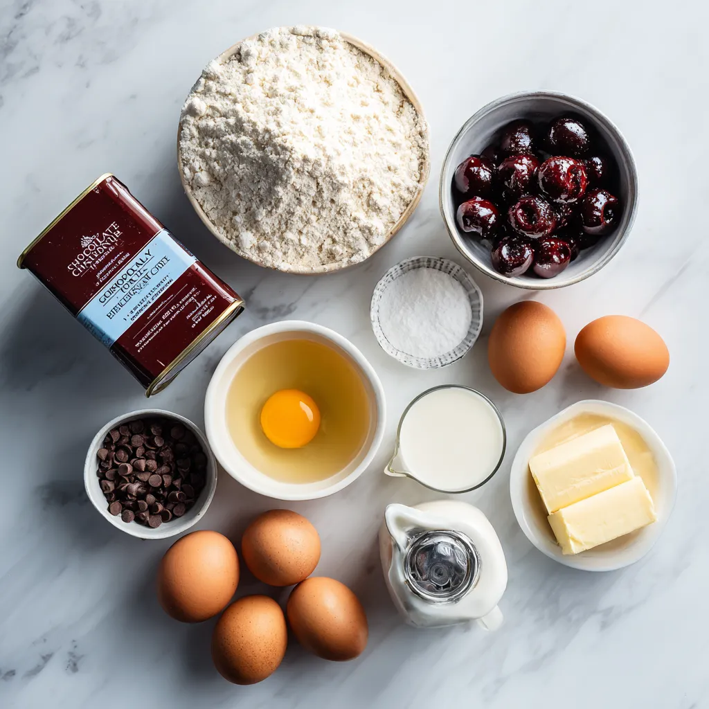 Flatlay of ingredients used to make chocolate cherry cake.