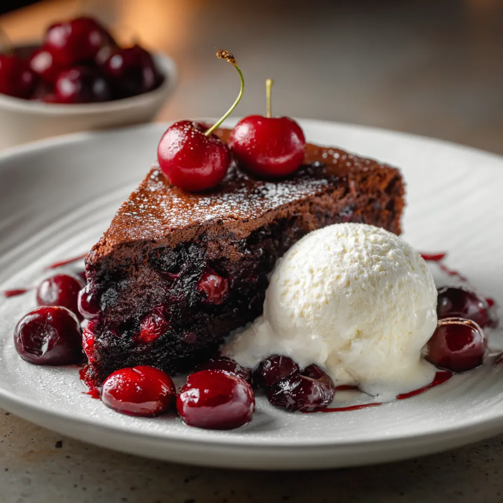 Slice of chocolate cherry cake served with vanilla ice cream.
