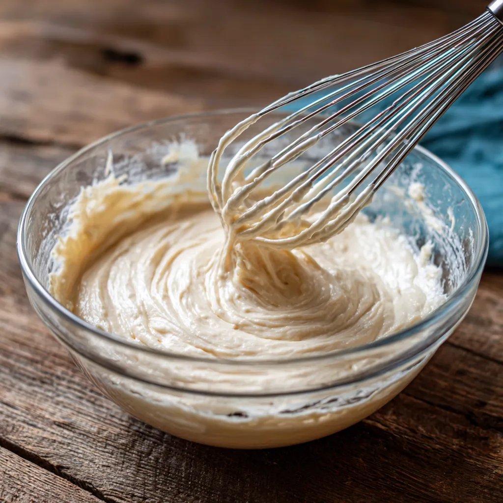 Mixing creamy coconut sheet cake batter in a bowl
