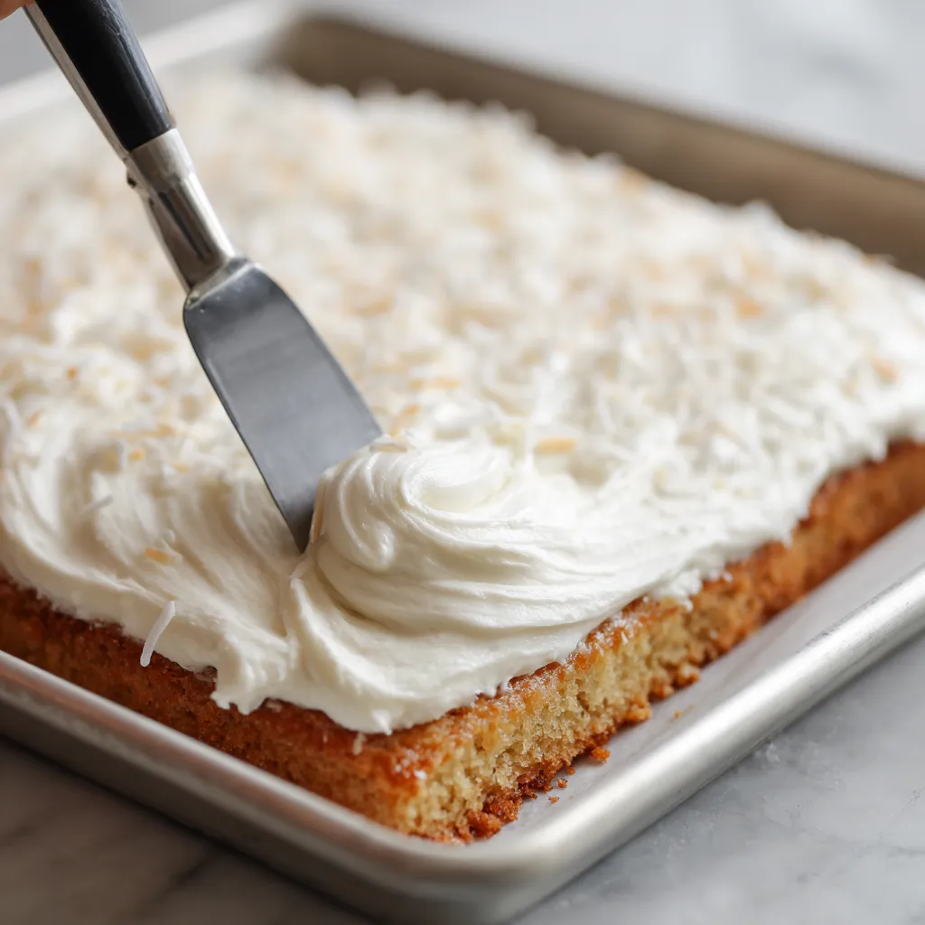 Spreading coconut frosting on moist sheet cake