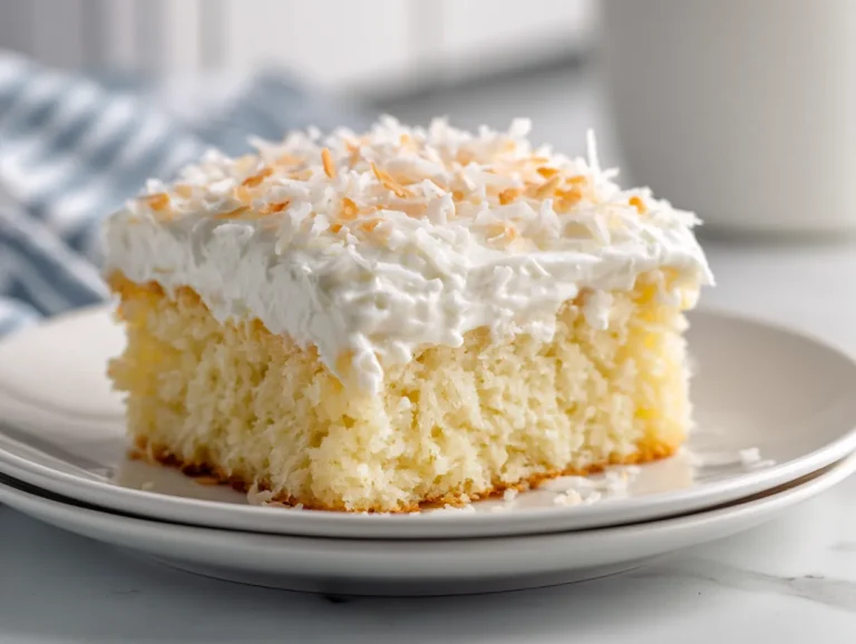 Moist coconut sheet cake with creamy coconut frosting