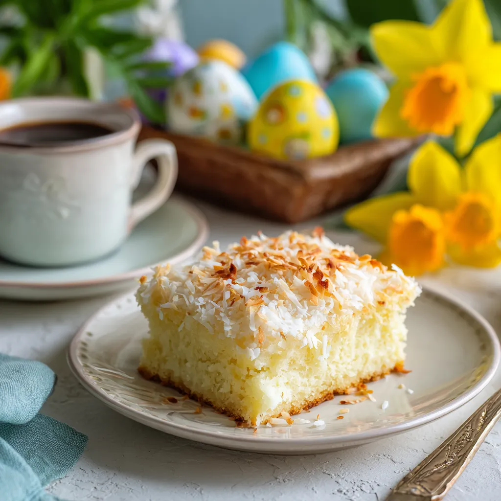 Slice of coconut sheet cake served with coffee