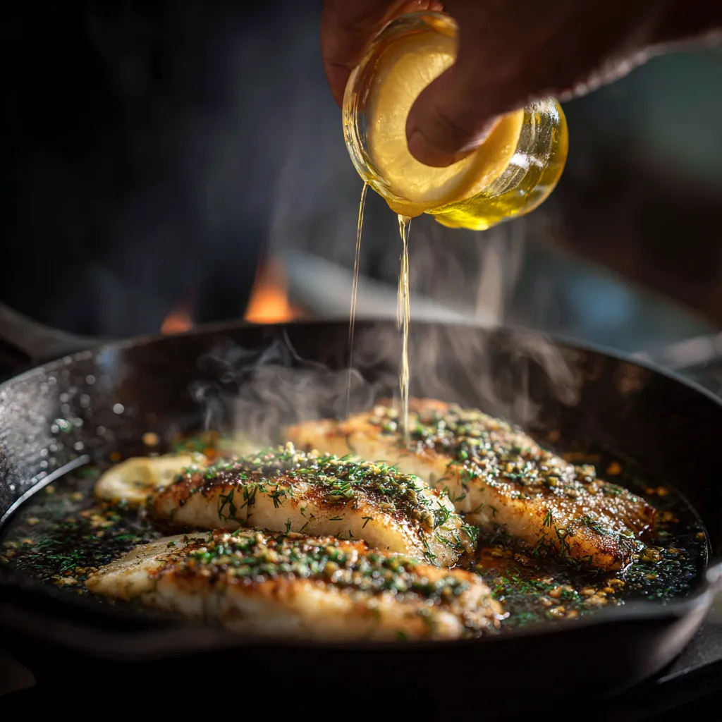 Merlu fillets cooking in a skillet with garlic and lemon