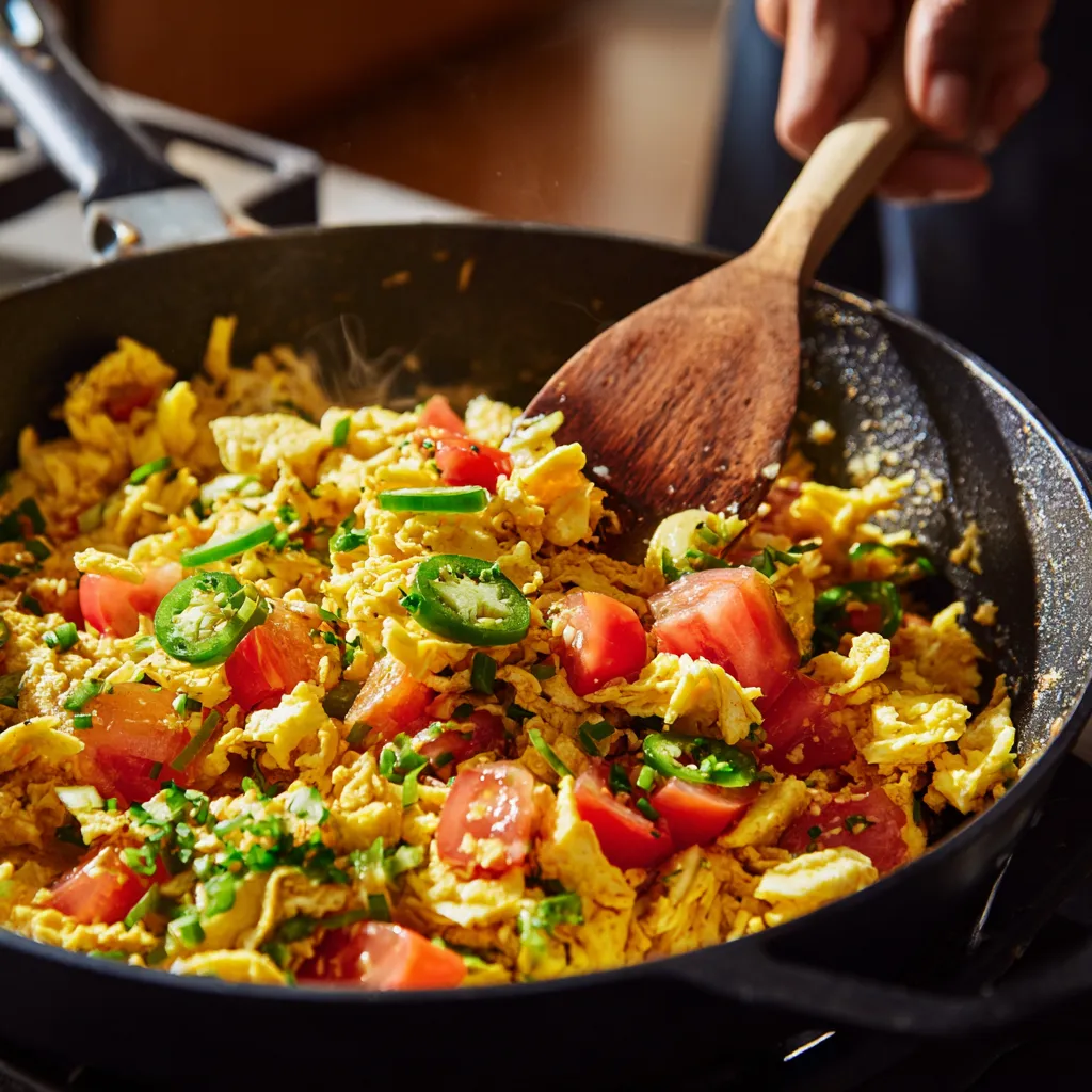 Mexican Breakfast Recipes to Start Your Day Right 7 Cooking Mexican migas in a skillet with tortilla and eggs