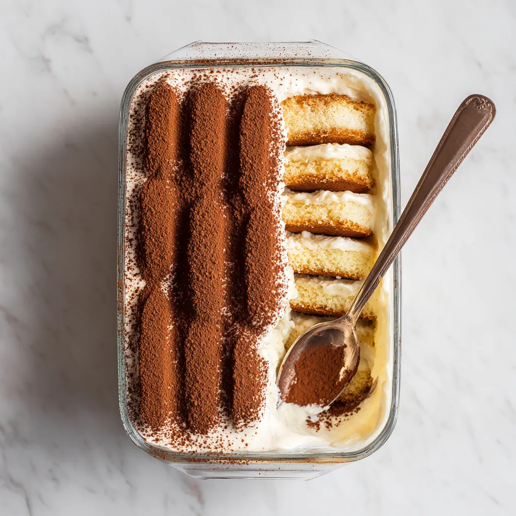 Layering mascarpone over ladyfingers during tiramisu assembly