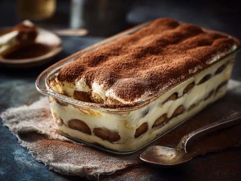 Classic tiramisu dessert served in a glass dish with cocoa dusting