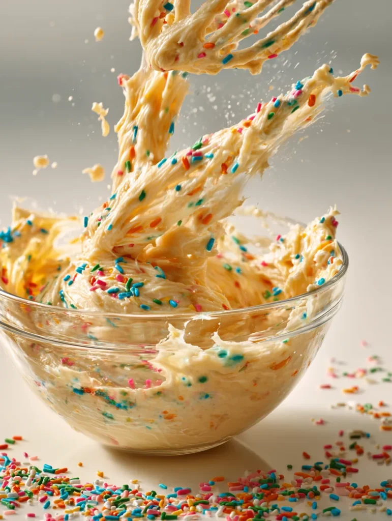 Batter for funfetti sheet cake with sprinkles being folded in.