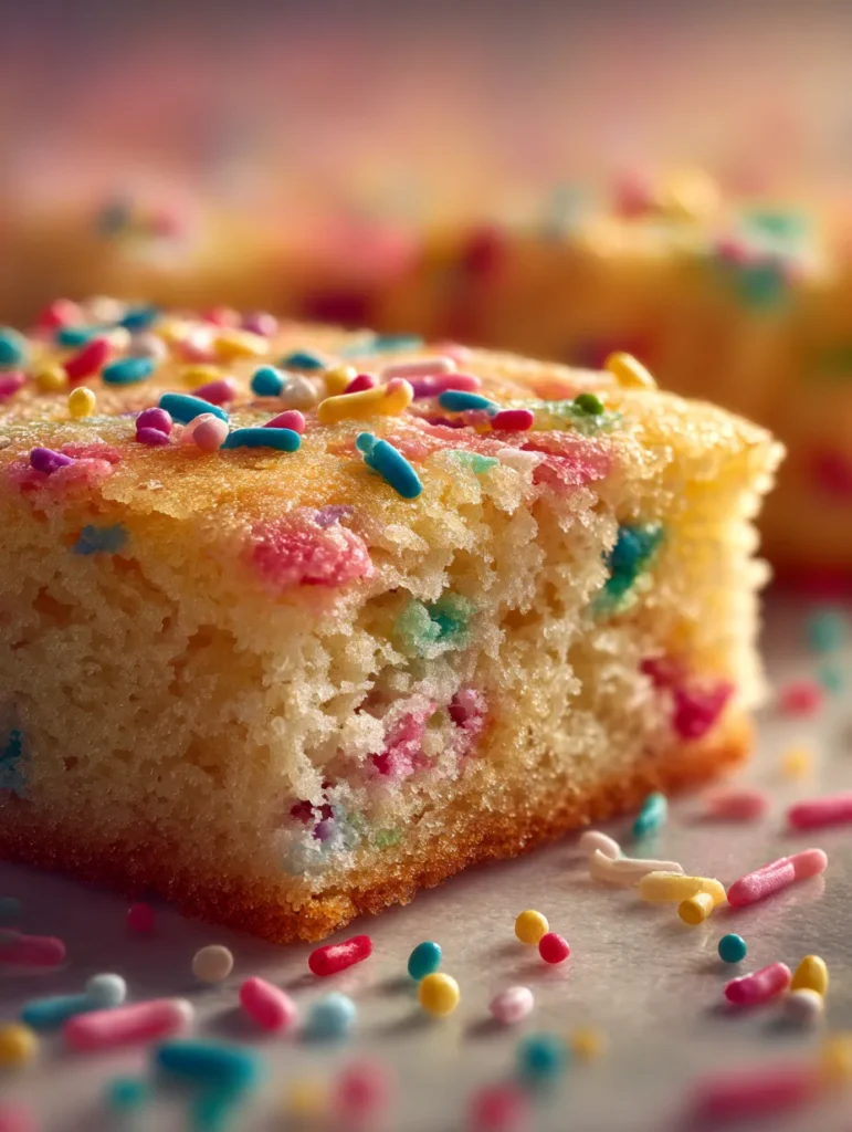 Close-up view of funfetti sheet cake crumb showing baked sprinkles.