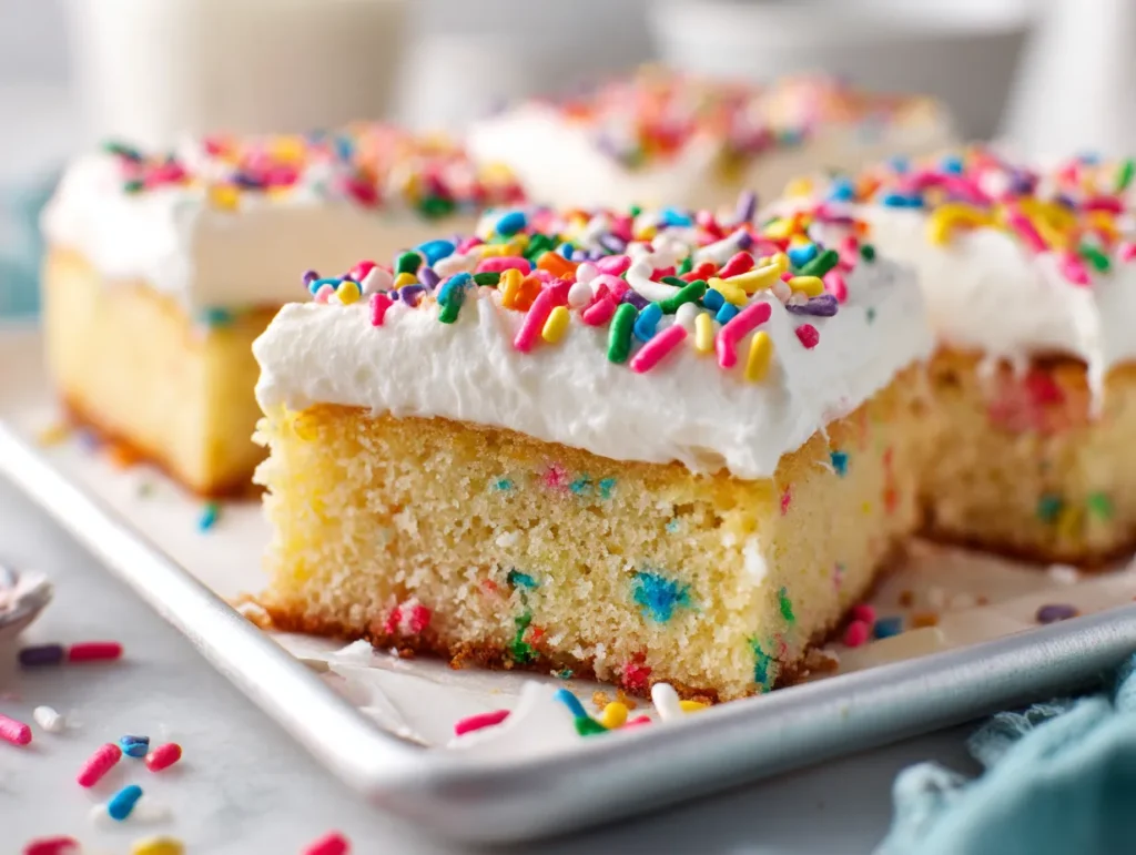 Funfetti sheet cake topped with vanilla frosting and rainbow sprinkles.