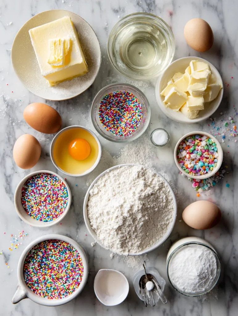 Flatlay of ingredients needed to make a funfetti sheet cake.