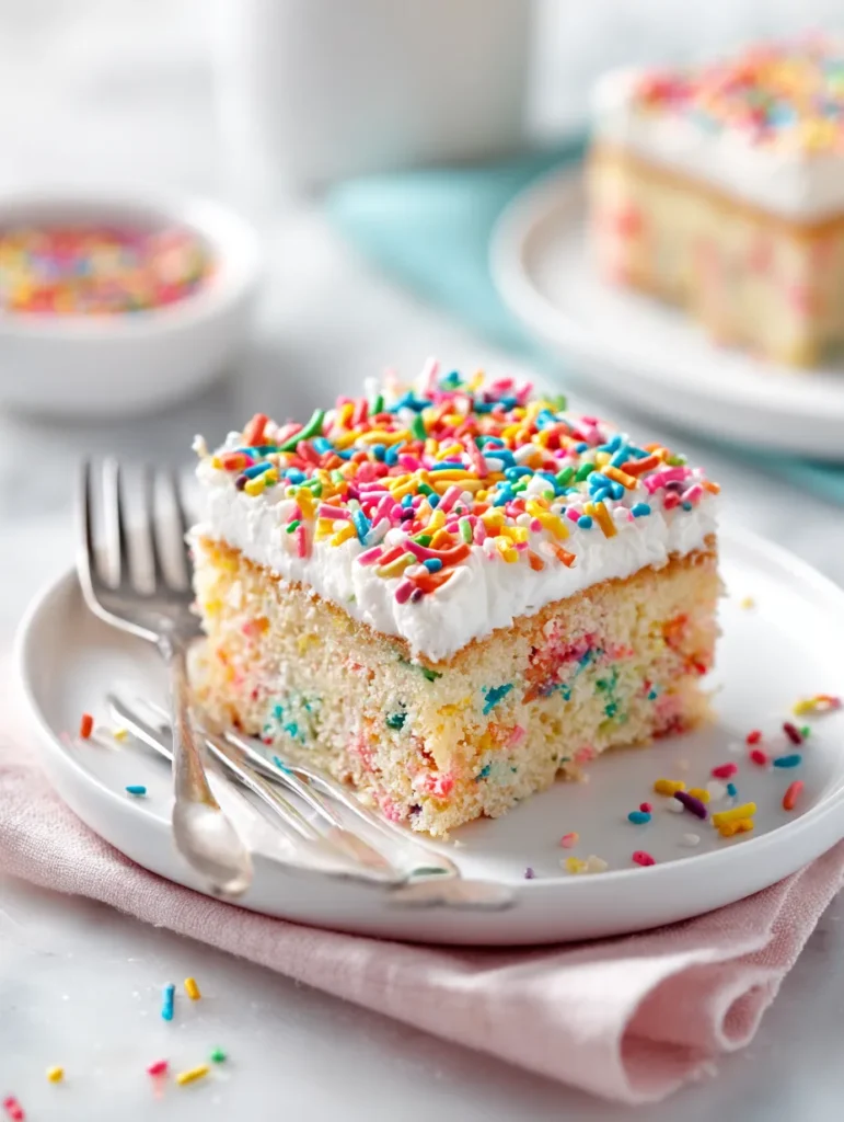 Slice of funfetti sheet cake with vanilla frosting and sprinkles.