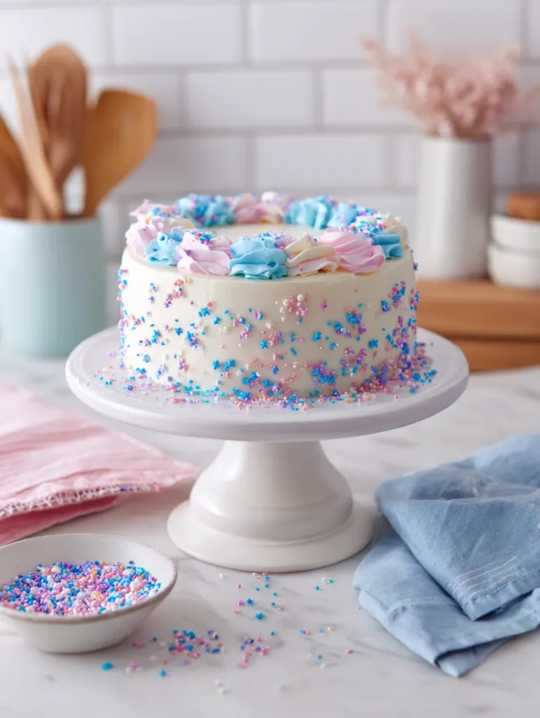 finished gender reveal cake with decorations