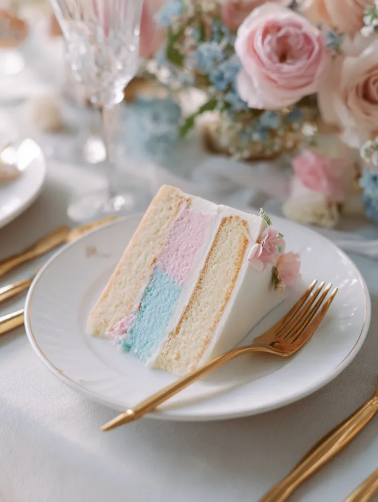 slice of gender reveal cake showing pink center