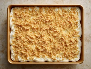 Whole gluten free sheet cake with vanilla frosting in a pan.