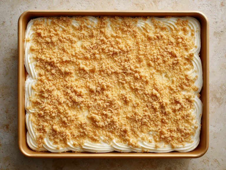 Whole gluten free sheet cake with vanilla frosting in a pan.