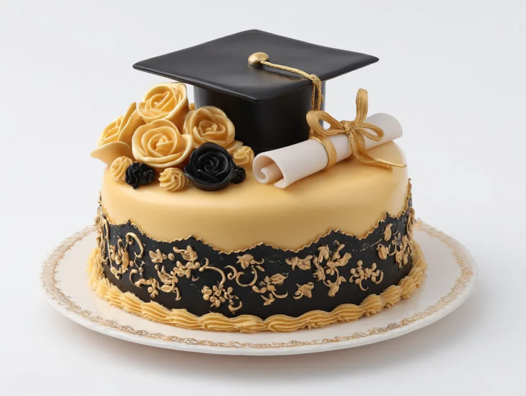 graduation cake with elegant black and gold design