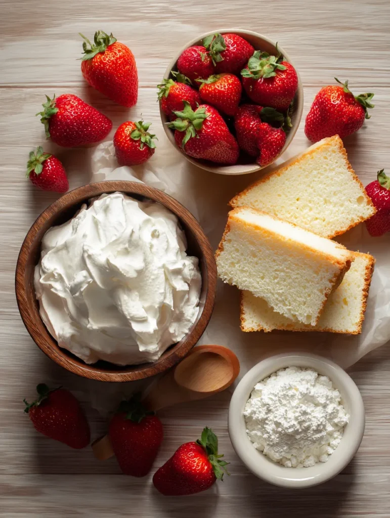 Ingredients for cake with cream and strawberries