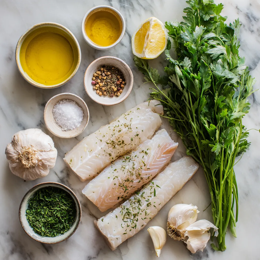 Ingredients for roasted merlu recipe with lemon and herbs