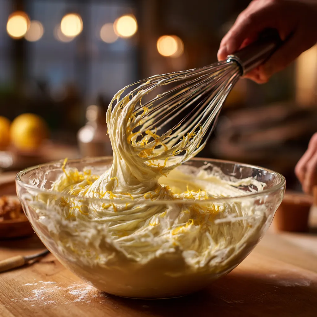 Mixing lemon cake batter with zest in a glass bowl