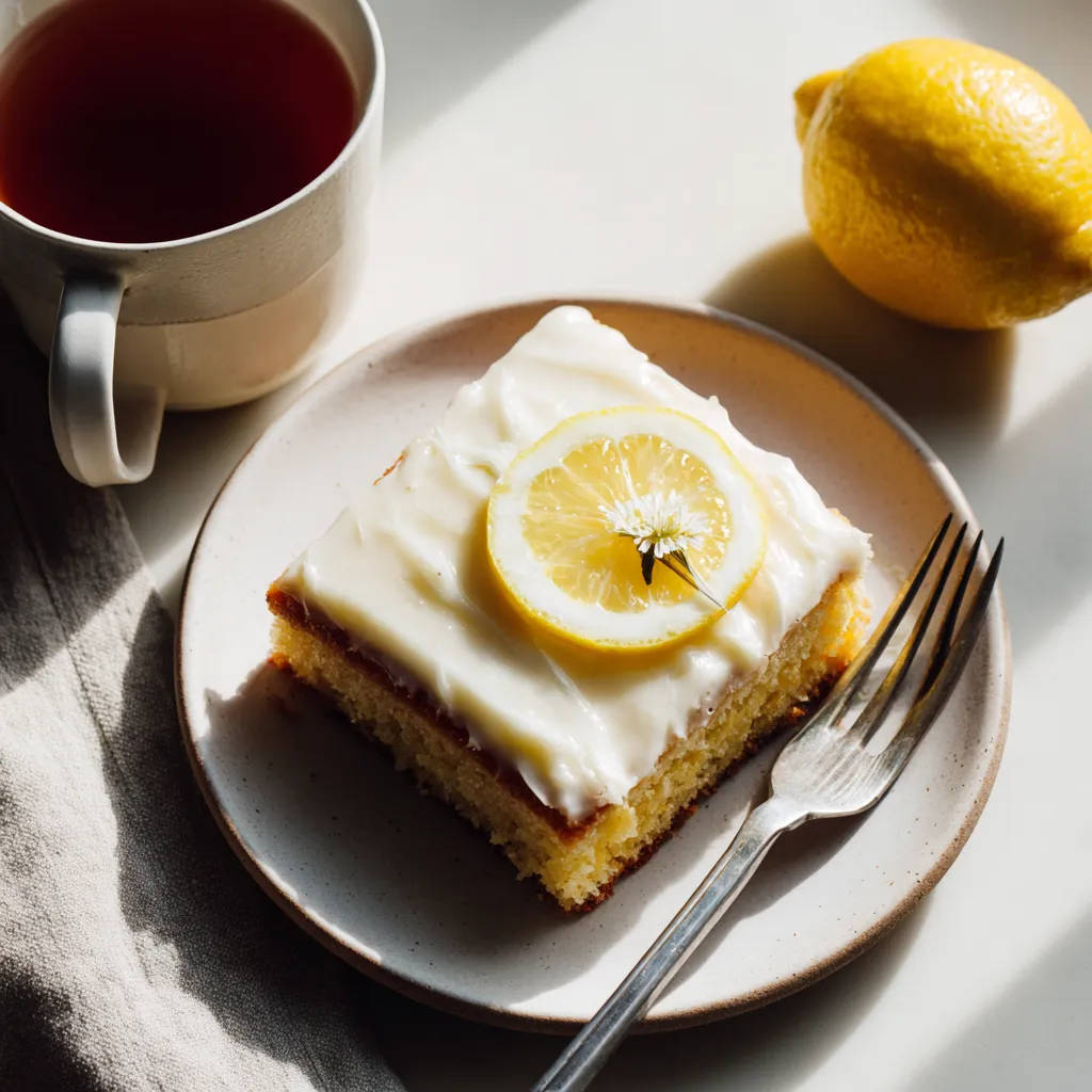 Slice of lemon sheet cake served with tea