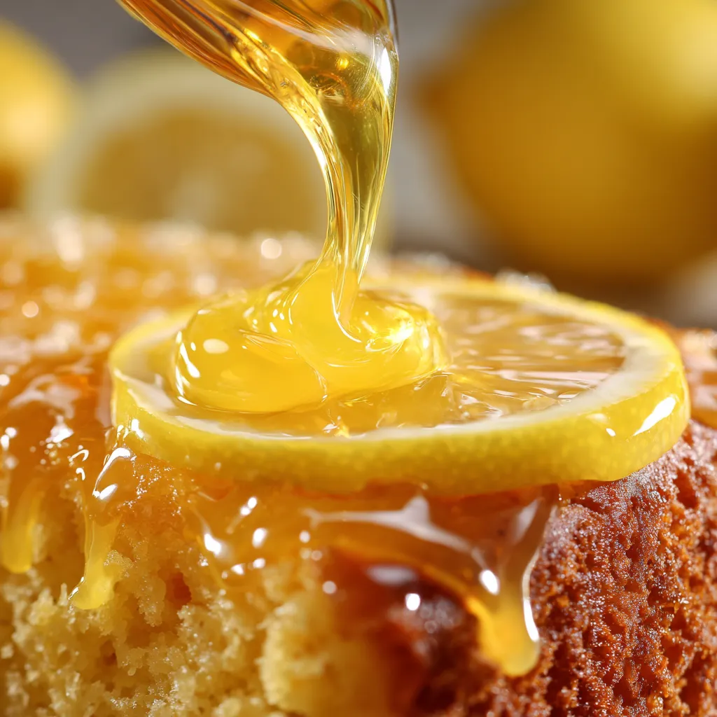 Pouring lemon glaze over baked sheet cake