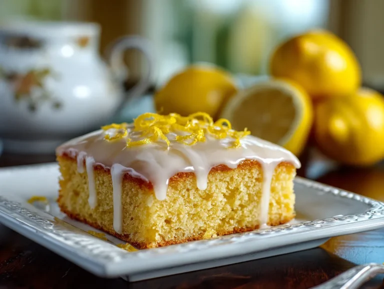 Moist lemon sheet cake with lemon glaze and zest garnish