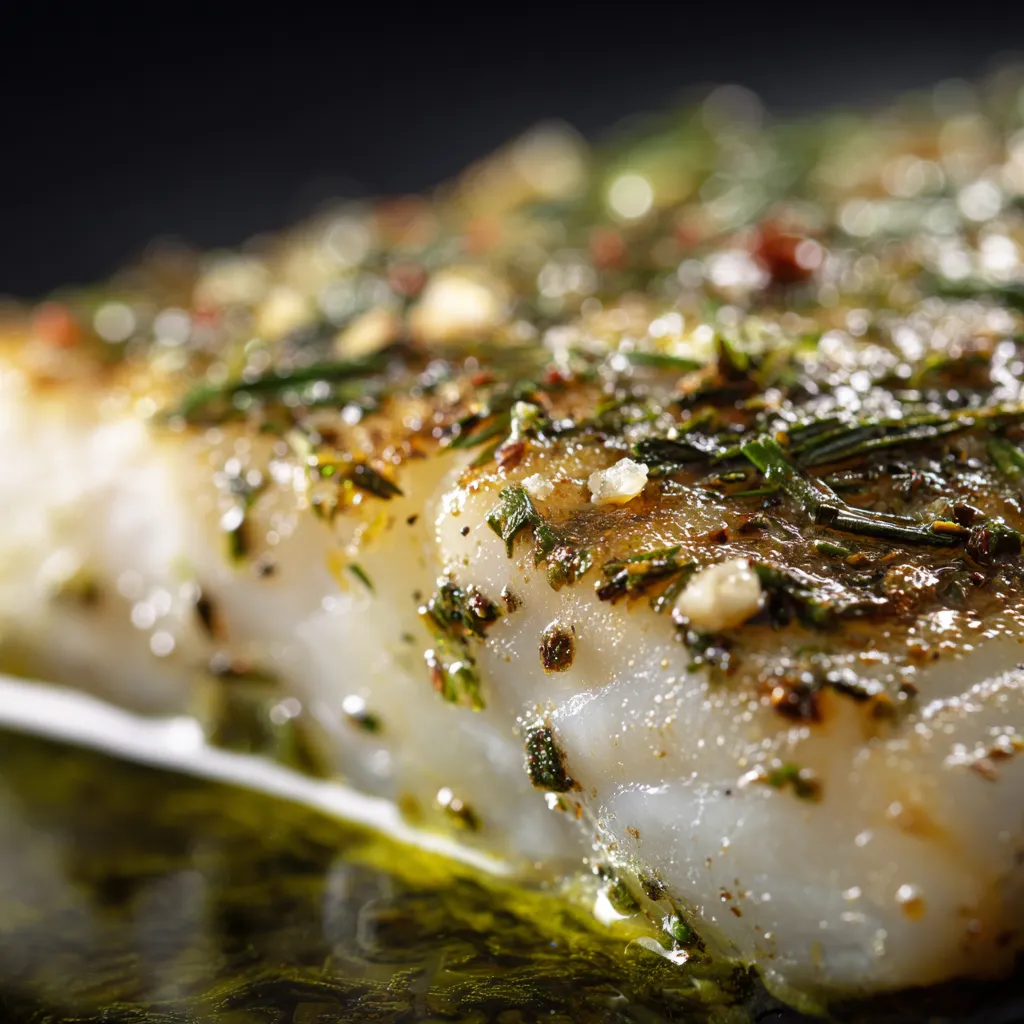 Close-up of flaky roasted merlu texture