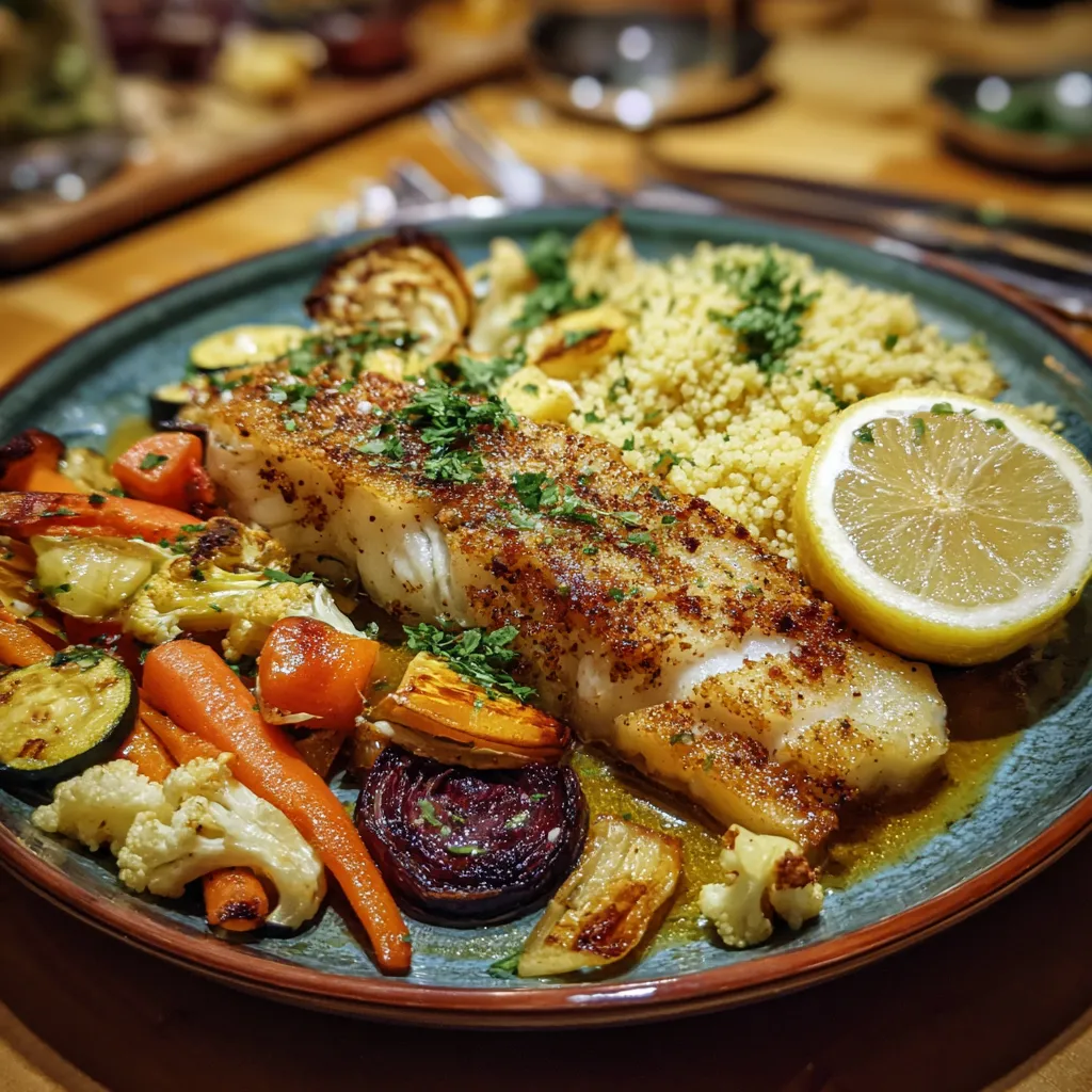Roasted merlu served with vegetables and couscous