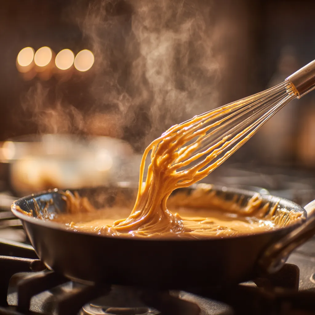 Melted butter and peanut butter being whisked in a saucepan.