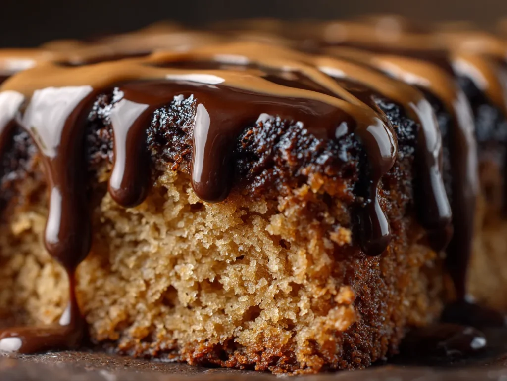Peanut butter chocolate sheet cake with glossy icing sliced on a wooden table.