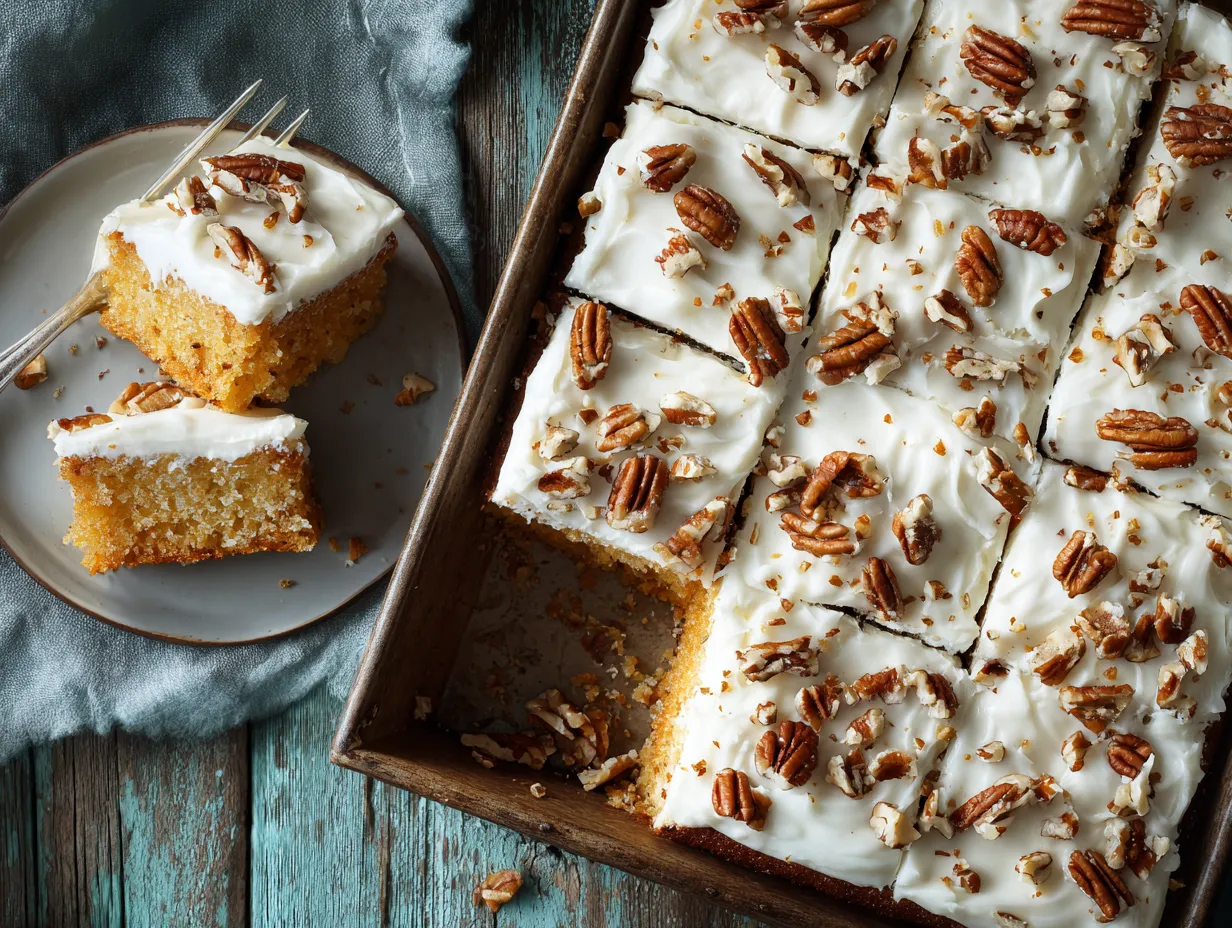 Pineapple sheet cake with cream cheese frosting and pecans in a sheet pan.