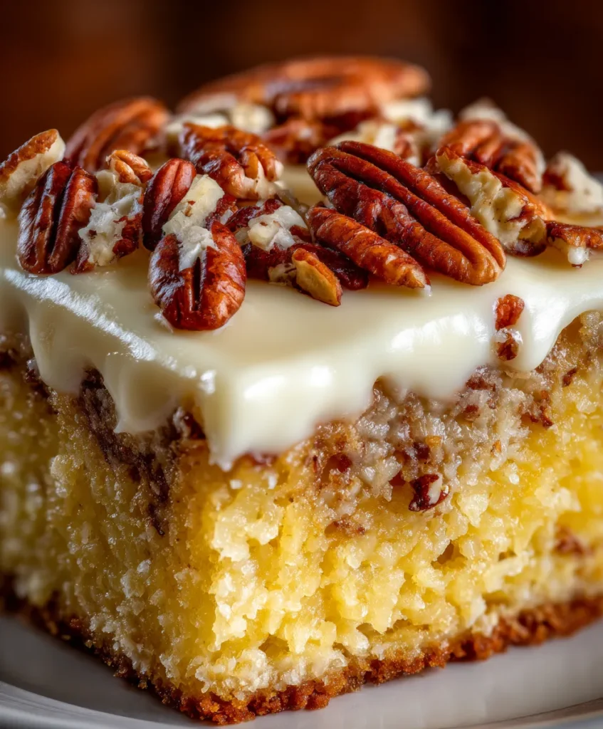 Moist Pineapple Sheet Cake – Southern Classic by Chef James 6 Slice of pineapple sheet cake served on a plate with a fork.