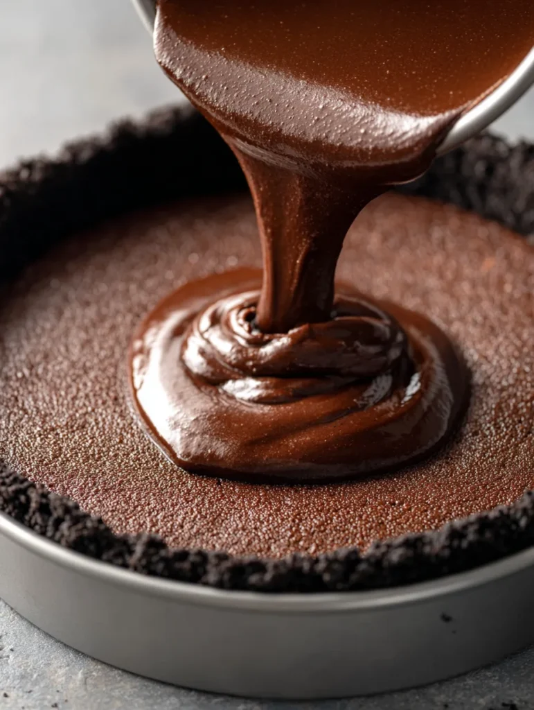 Chocolate cheesecake filling being poured into an Oreo crust