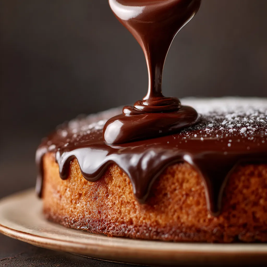 chocolate fudge icing being poured on warm cake ,texas sheet cake recipe