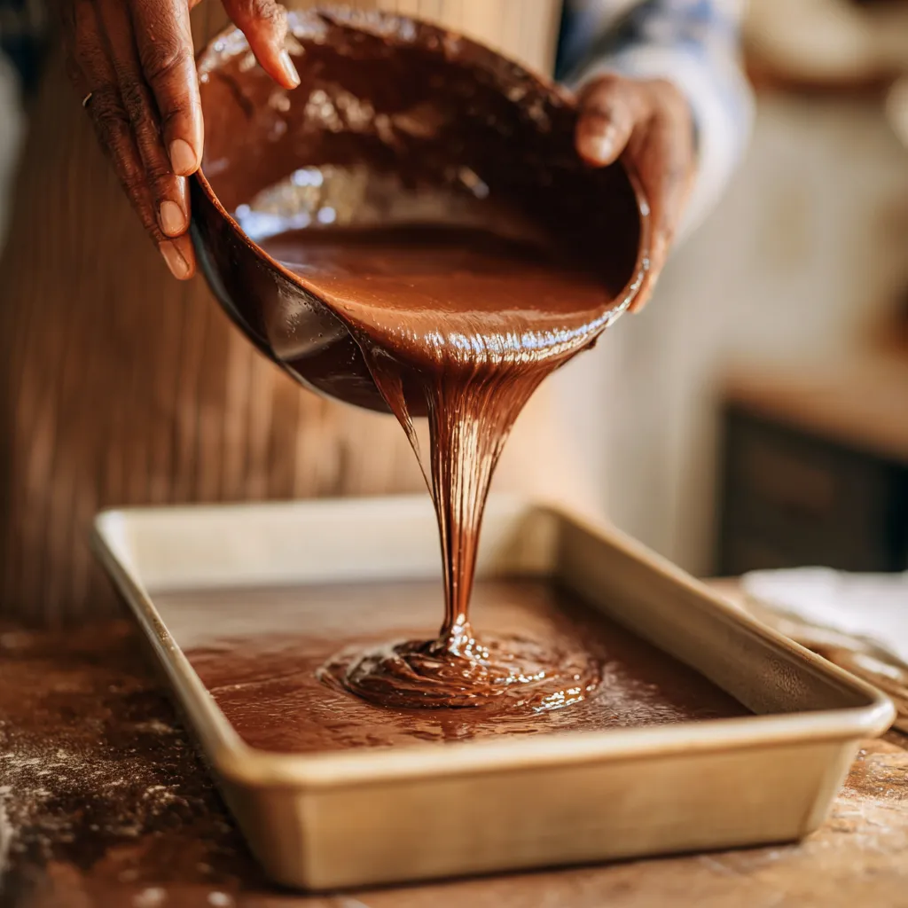 pouring chocolate cake batter into sheet pan