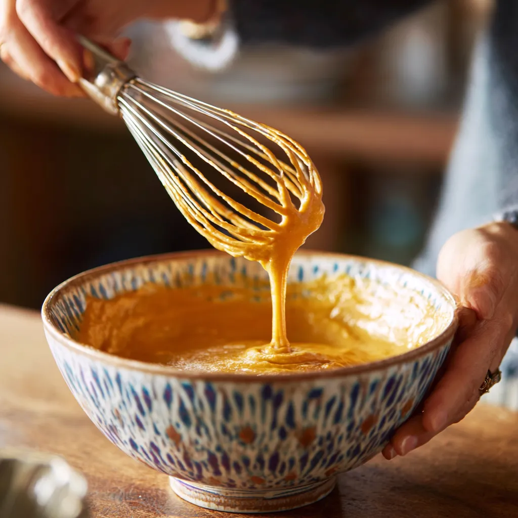 Whisking pumpkin sheet cake batter.