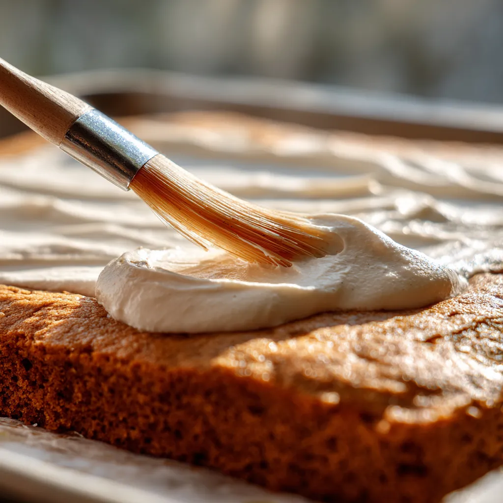 Spreading cream cheese frosting on pumpkin sheet cake.