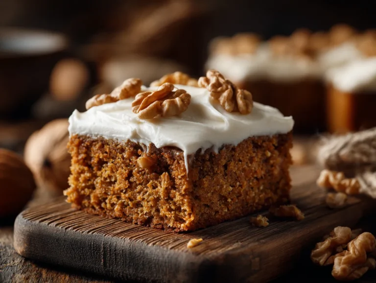 Pumpkin sheet cake with cream cheese frosting and walnuts.