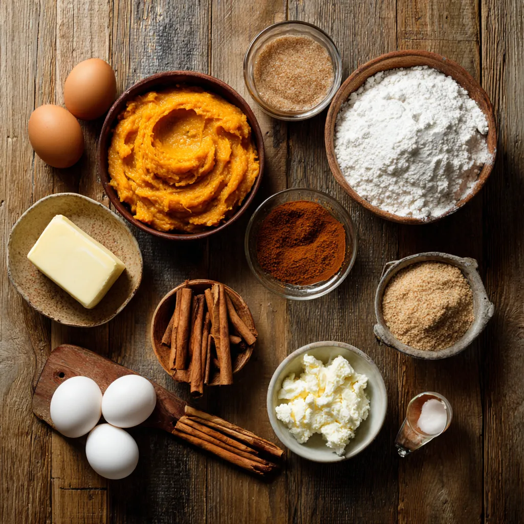 Pumpkin sheet cake ingredients arranged flatlay.