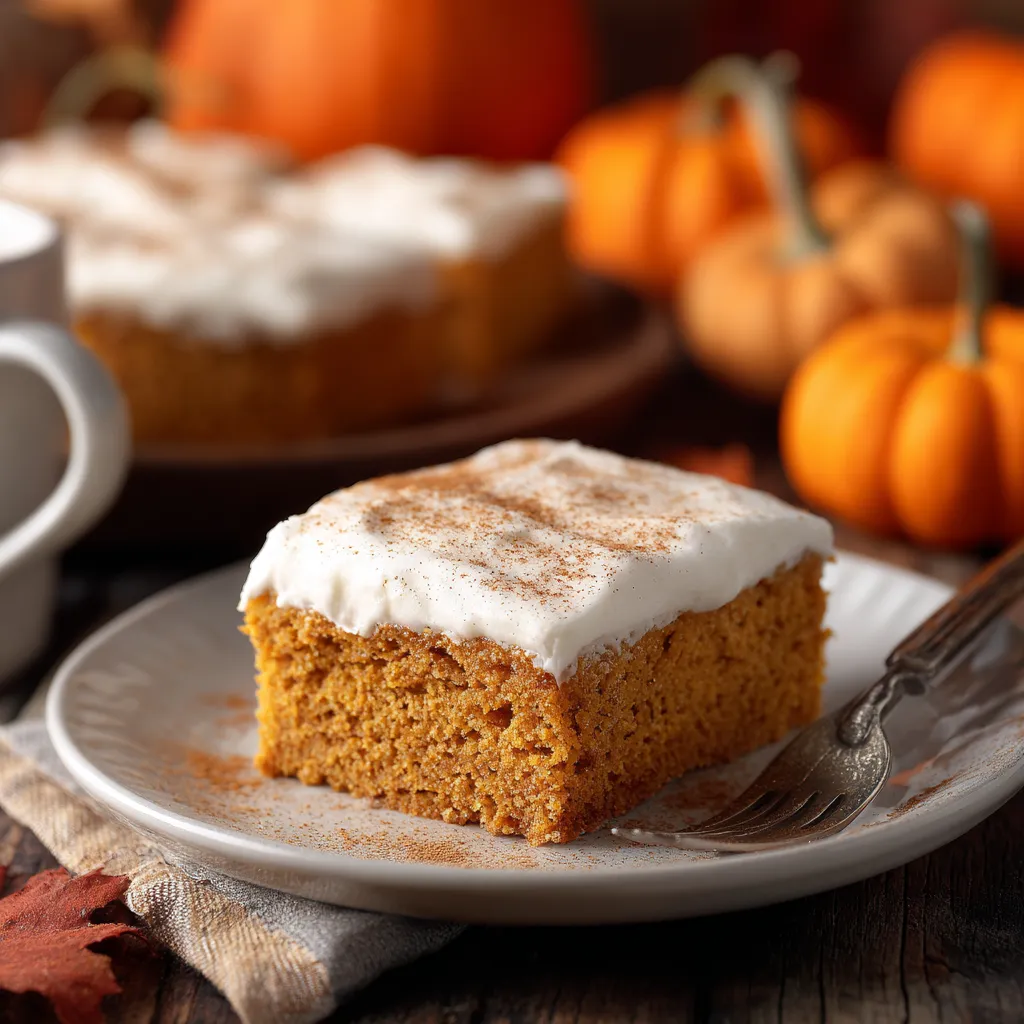 Slice of pumpkin sheet cake served with fork.