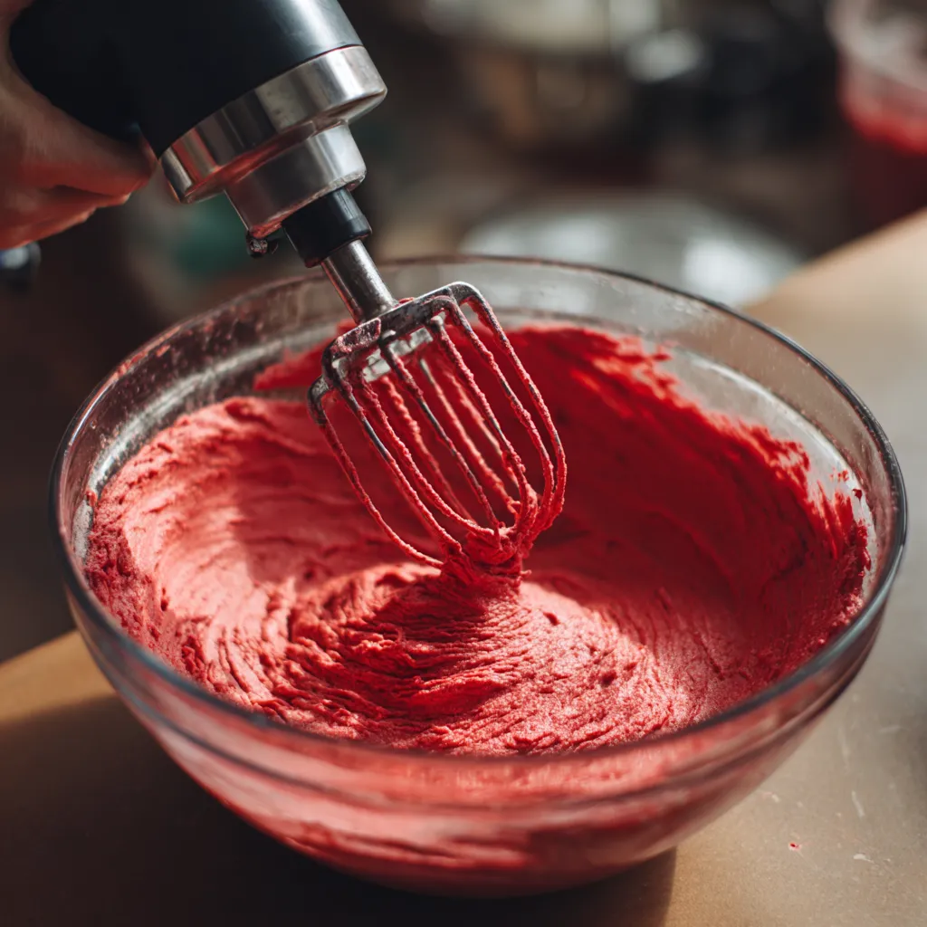 Mixing red velvet batter in a glass bowl.