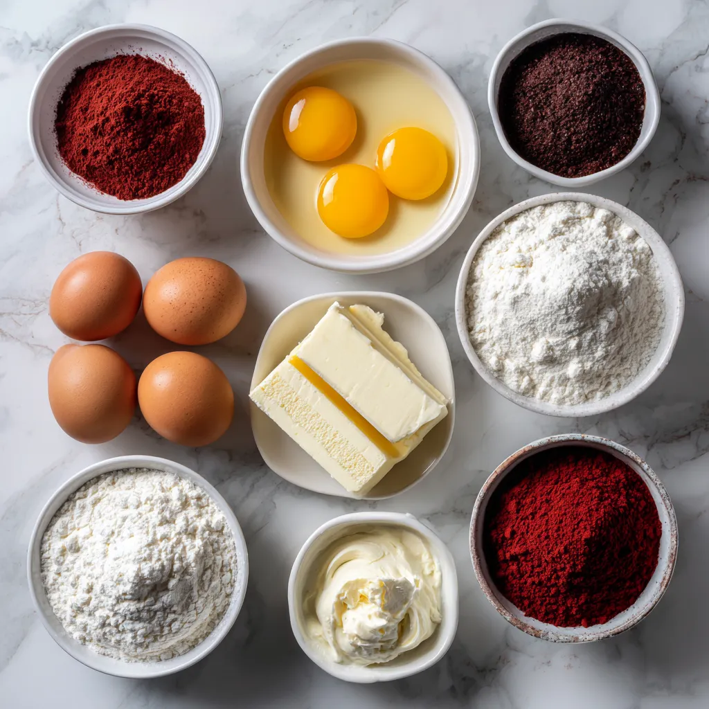 Flatlay of red velvet sheet cake ingredients on marble counter.