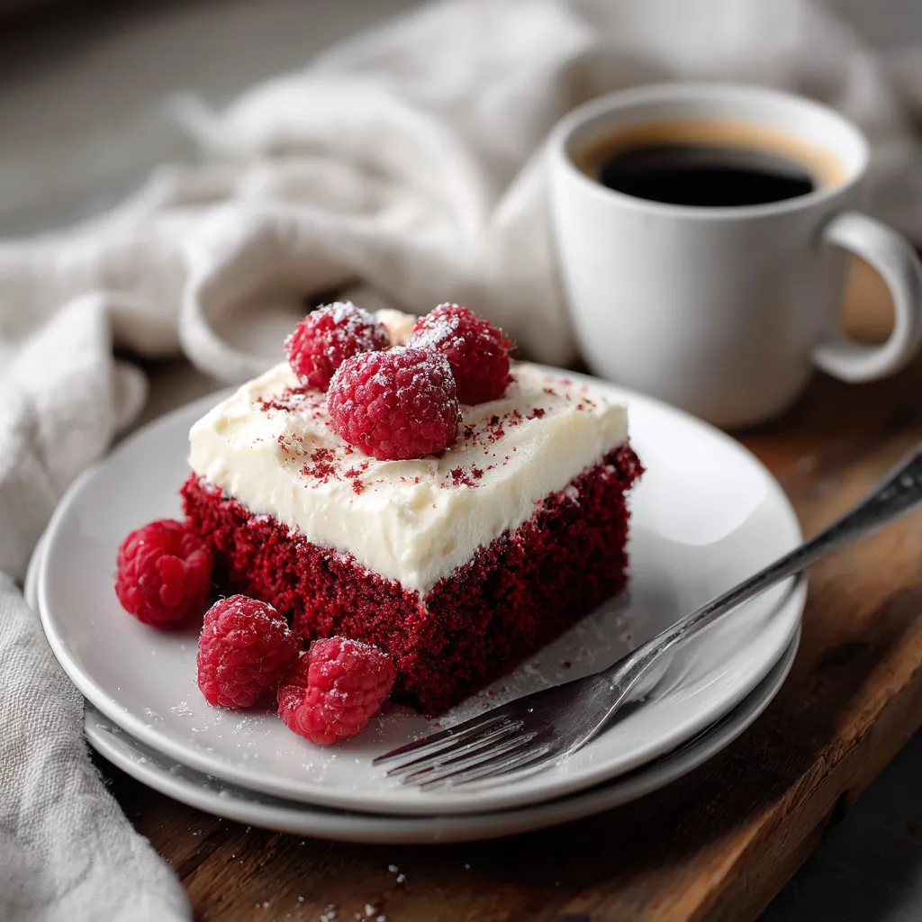 Slice of red velvet cake with raspberries and espresso.
