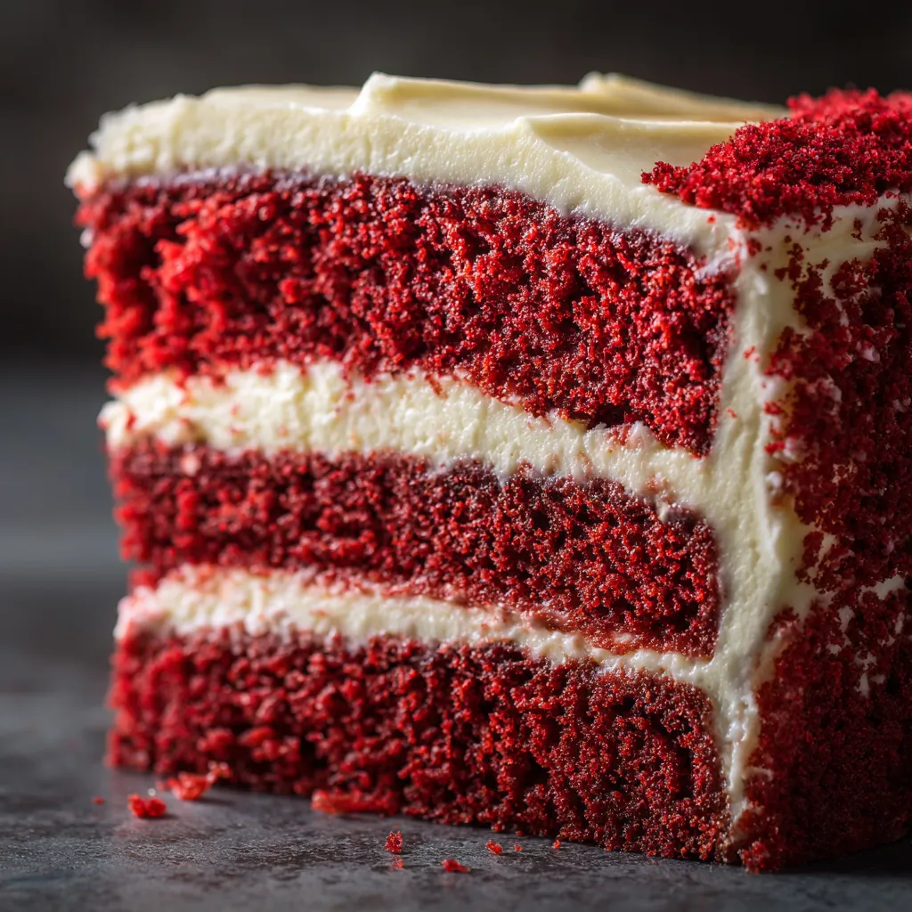 Close-up of moist red velvet sheet cake texture.
