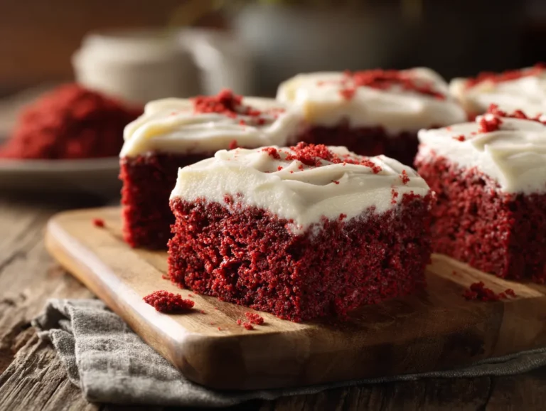 Red velvet sheet cake with cream cheese frosting in pan.