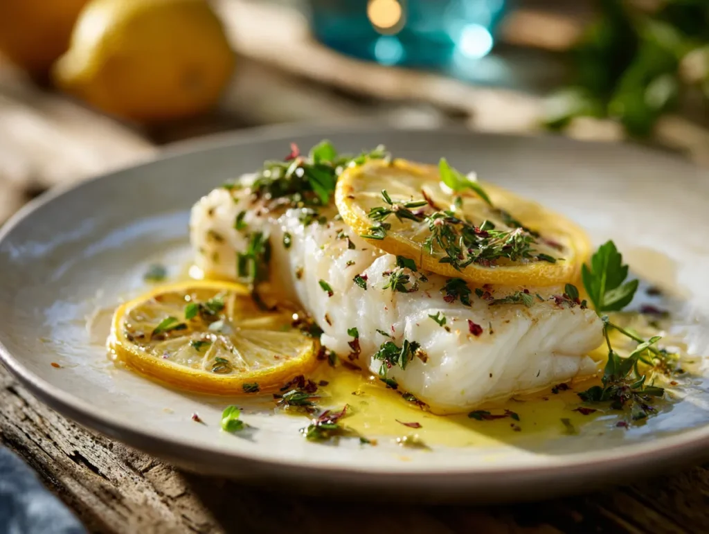 Roasted merlu with lemon and herbs on a white plate