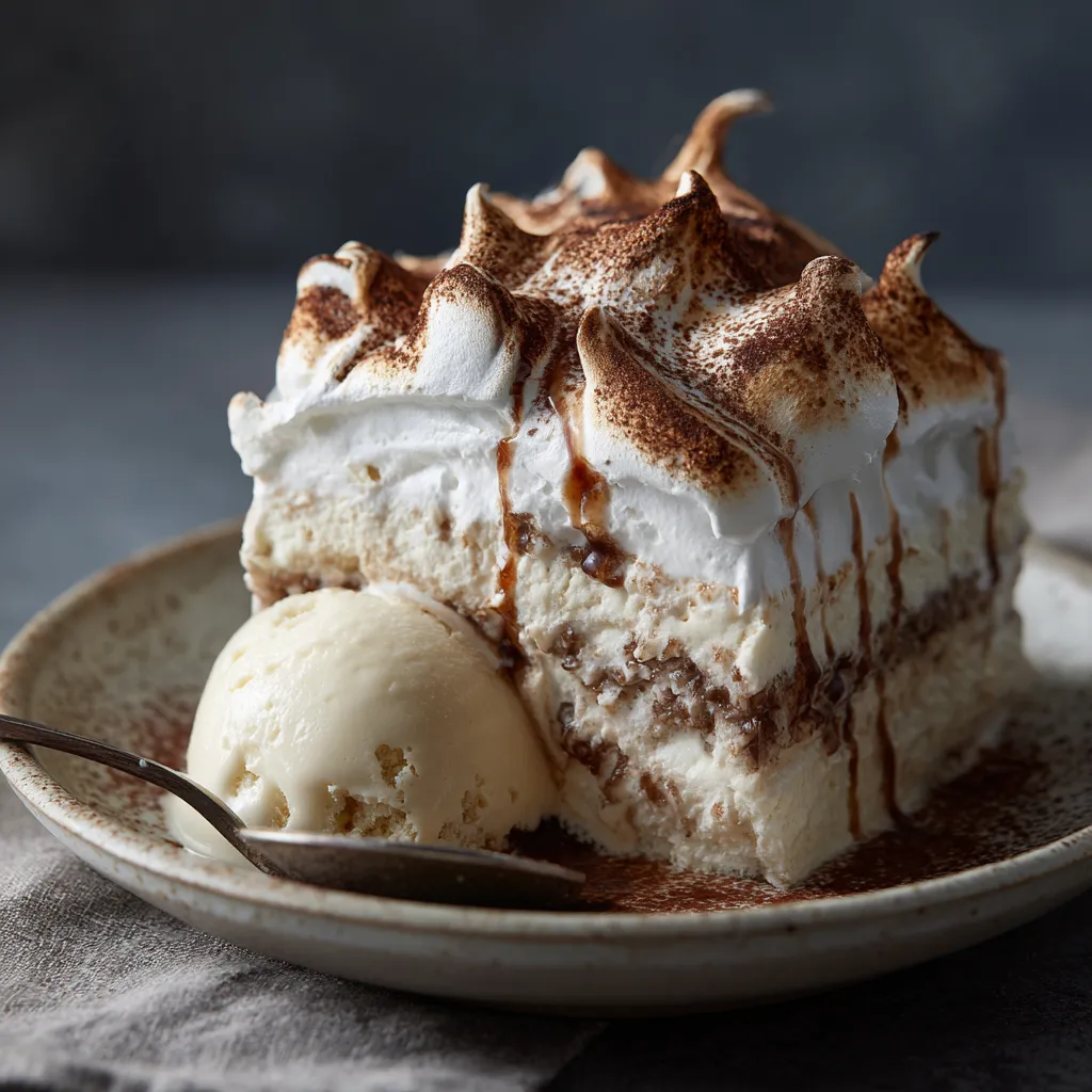 served slice of tiramisu baked alaska with meringue