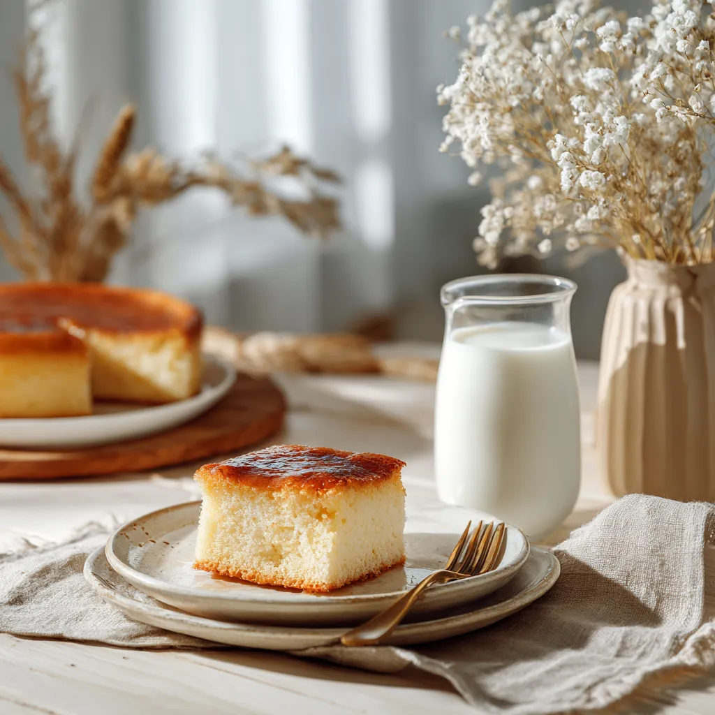 Slice of condensed milk sheet cake served on a plate with whipped topping.