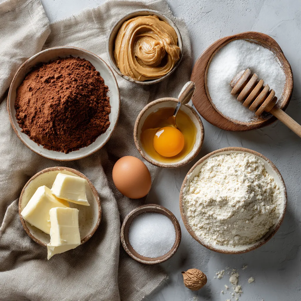 Flatlay of ingredients for making a peanut butter chocolate sheet cake.
